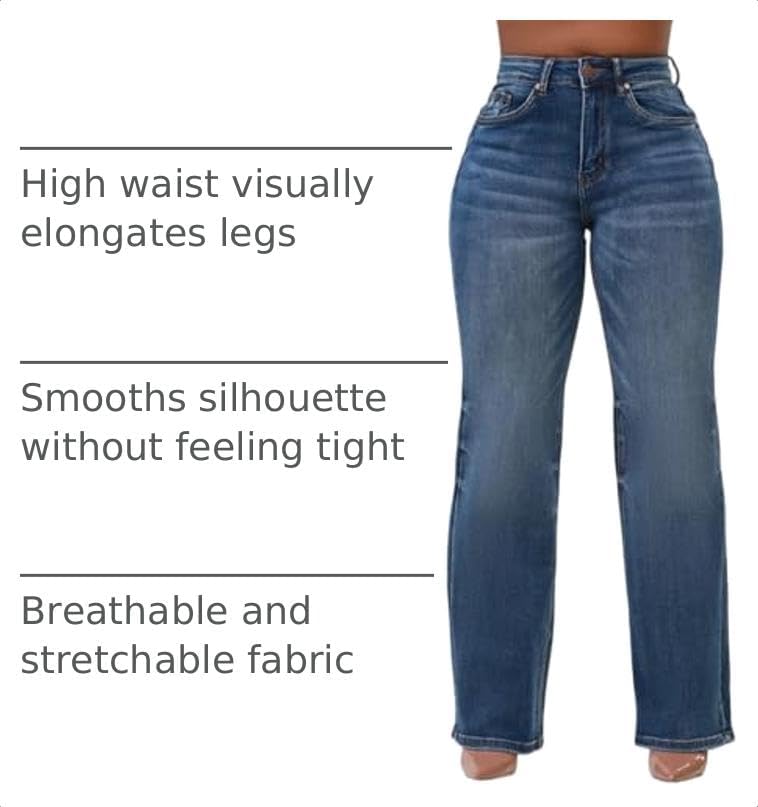 KnoInt Women's Wide Leg Straight Jeans High Waisted Baggy Stretch Loose Denim Pants