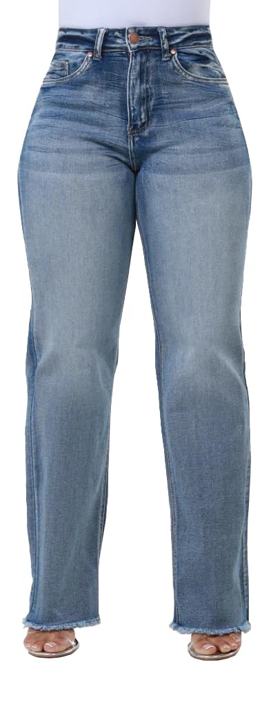KnoInt Women's Wide Leg Straight Jeans High Waisted Baggy Stretch Loose Denim Pants