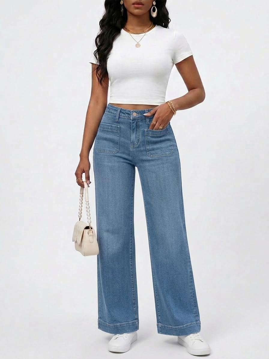 PerZeal Wide Leg Jeans for Women Trendy High Waisted Flare Jeans Straight Denim Pants Stretchy Baggy with Patch Pockets