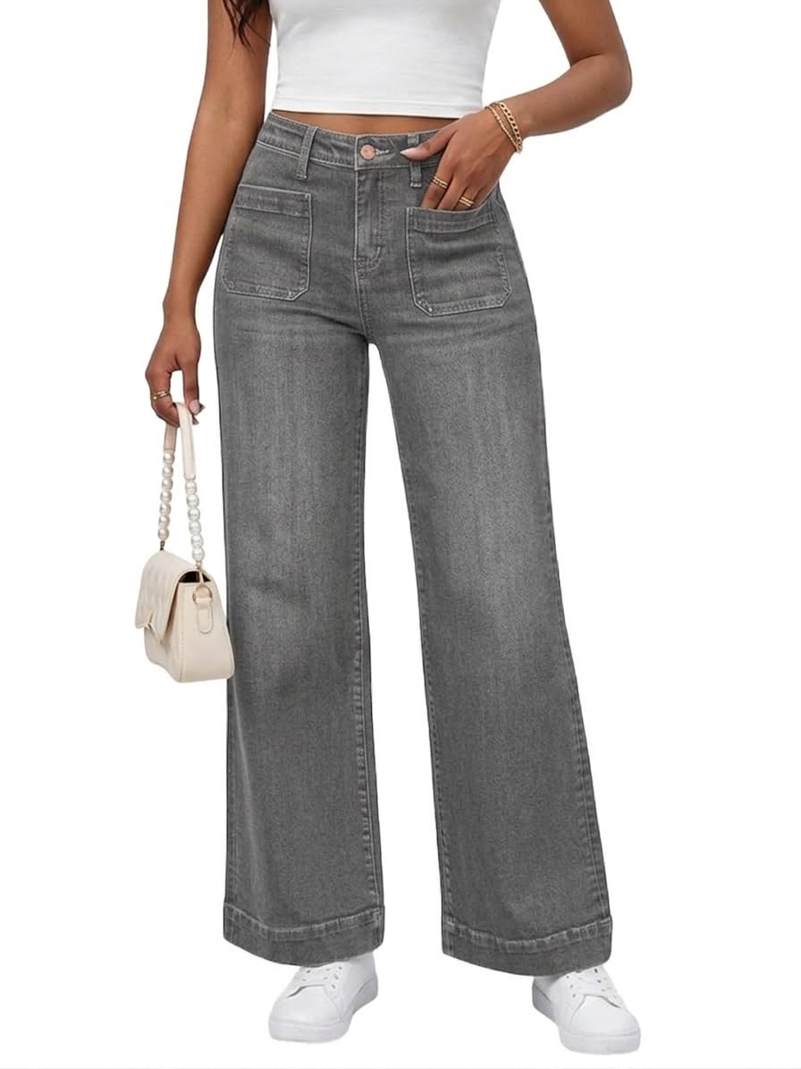 PerZeal Wide Leg Jeans for Women Trendy High Waisted Flare Jeans Straight Denim Pants Stretchy Baggy with Patch Pockets