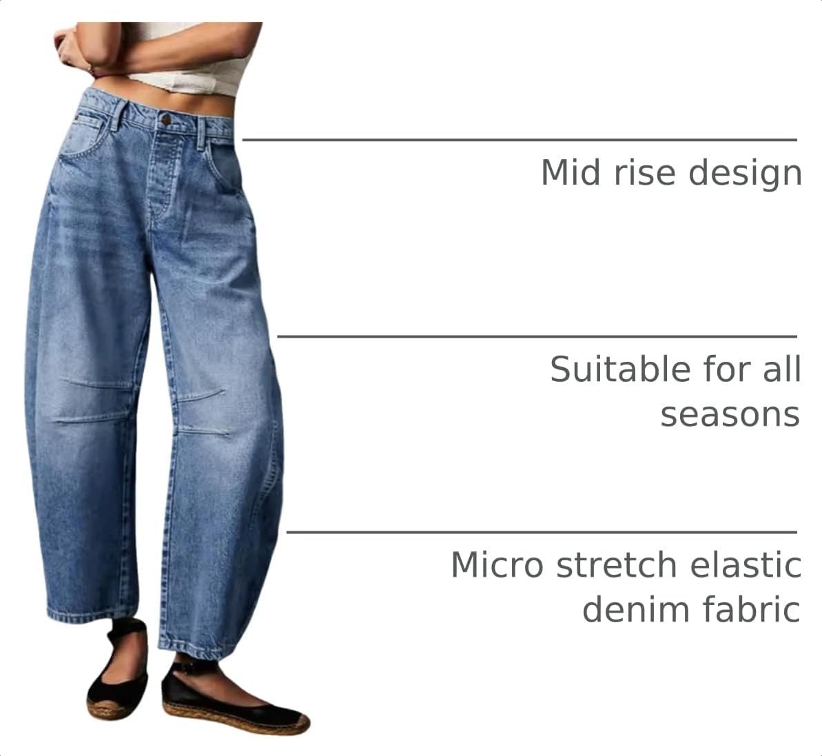 Womens Stretchy Mid Rise Barrel Jeans Vintage Loose Wide Leg Cropped Denim Pants Y2k Baggy Boyfriend Jeans