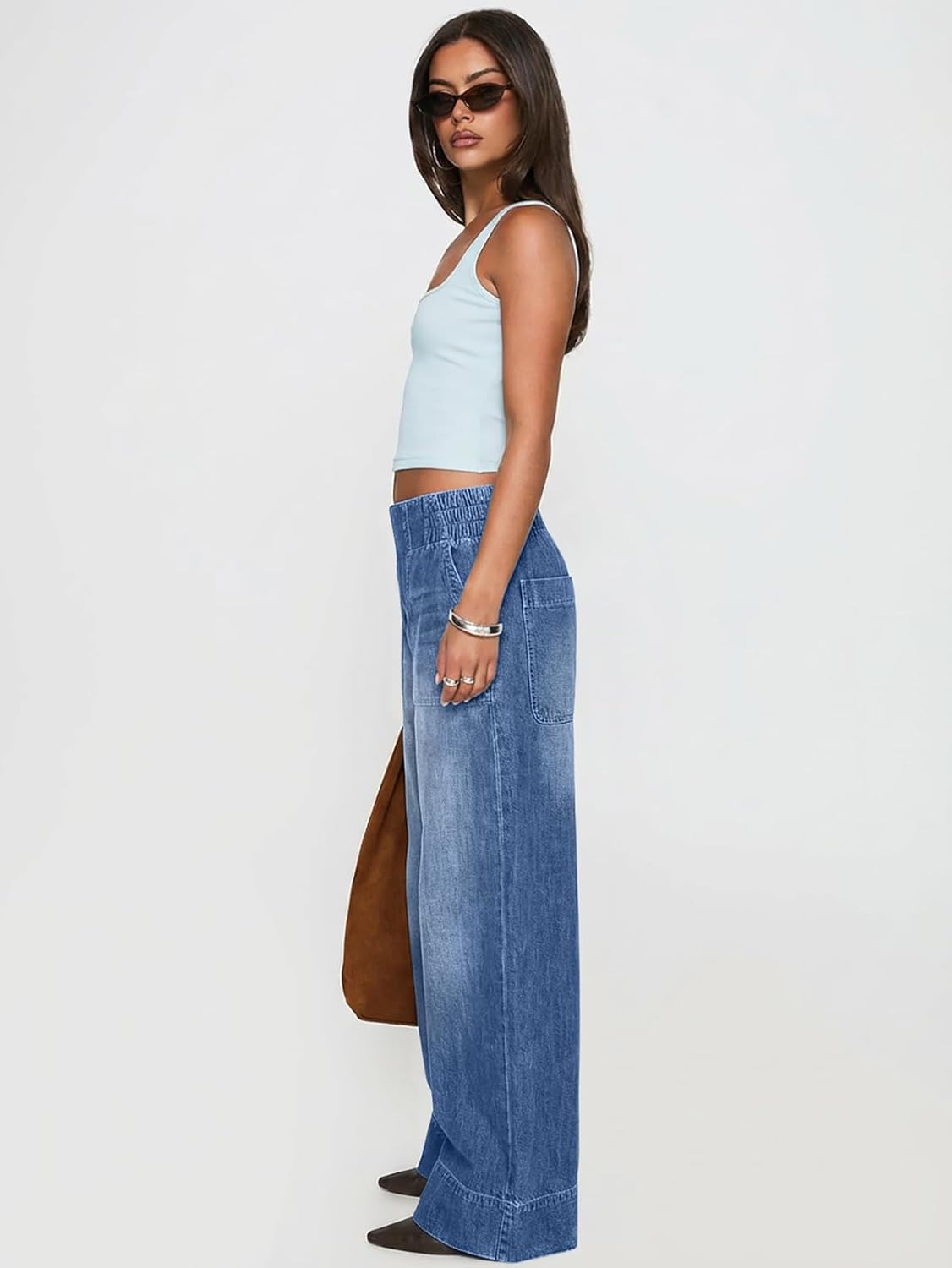 Women's Wide Leg Jeans Baggy Low Mid Rise Pull On Denim Pants Y2k