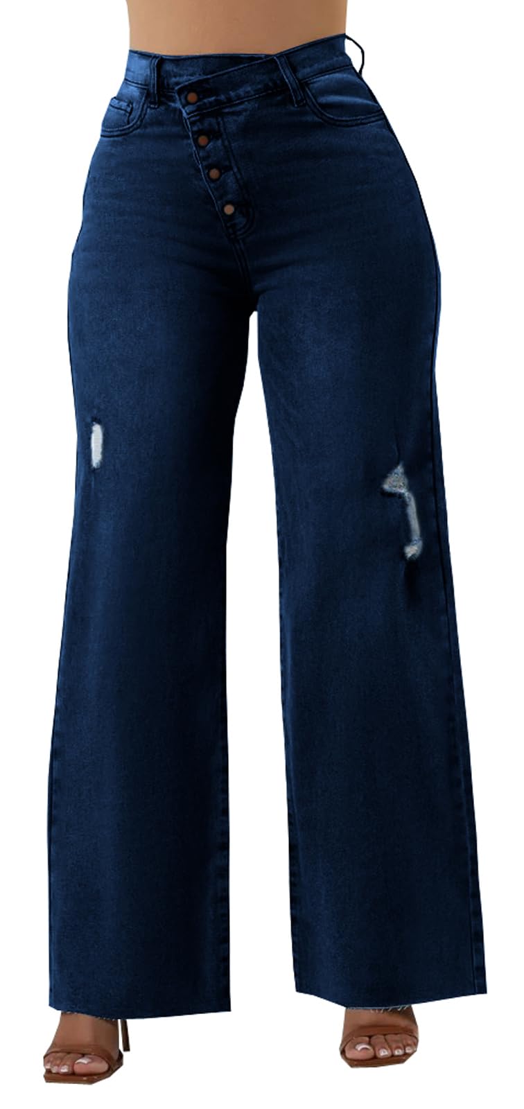 KnoInt Women's Wide Leg Straight Jeans High Waisted Baggy Stretch Loose Denim Pants