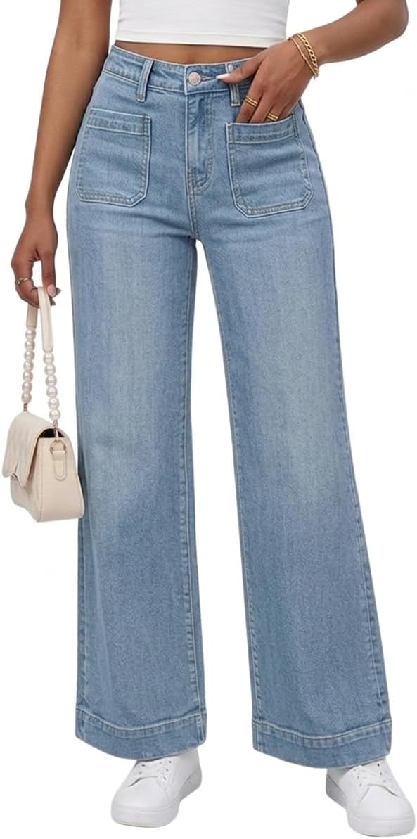 PerZeal Wide Leg Jeans for Women Trendy High Waisted Flare Jeans Straight Denim Pants Stretchy Baggy with Patch Pockets