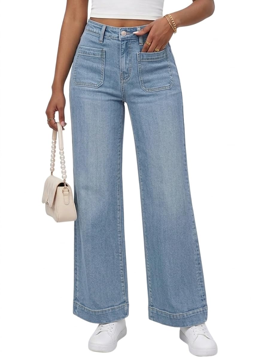 PerZeal Wide Leg Jeans for Women Trendy High Waisted Flare Jeans Straight Denim Pants Stretchy Baggy with Patch Pockets