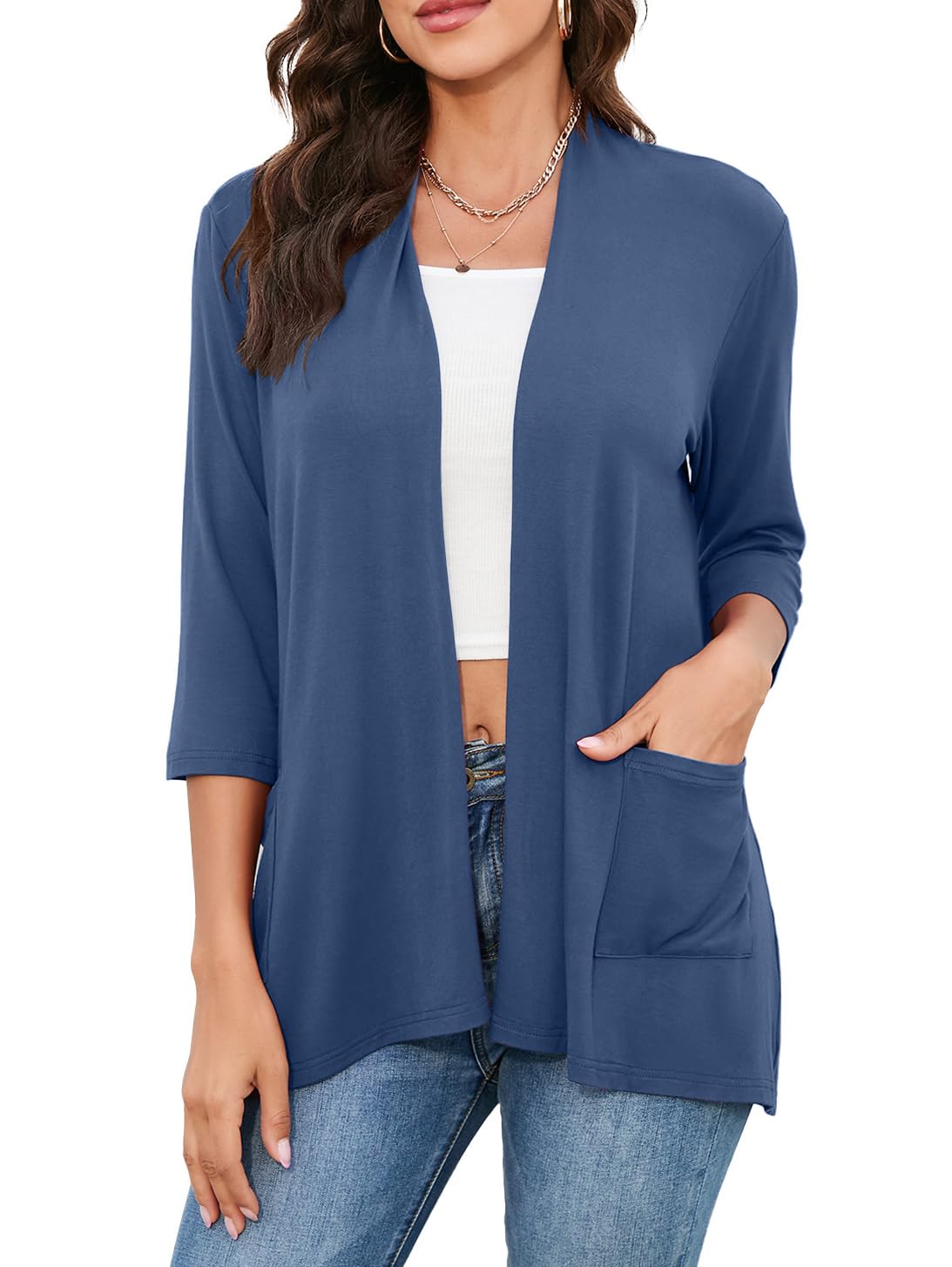 HIYIYEZI Womens Casual Lightweight Cardigans with Pockets 3/4 Sleeve Open Front Dusters