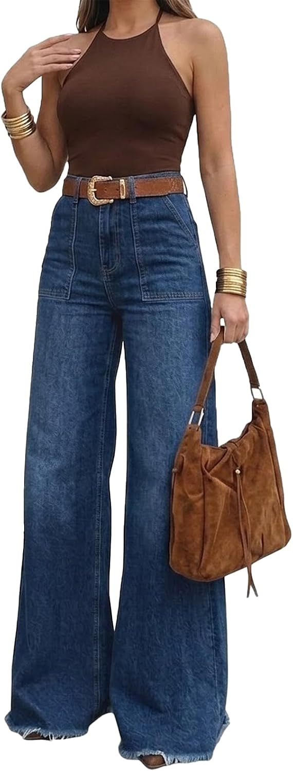 Women's 70s Retro High Waisted Long Inseam Wide Leg Jeans