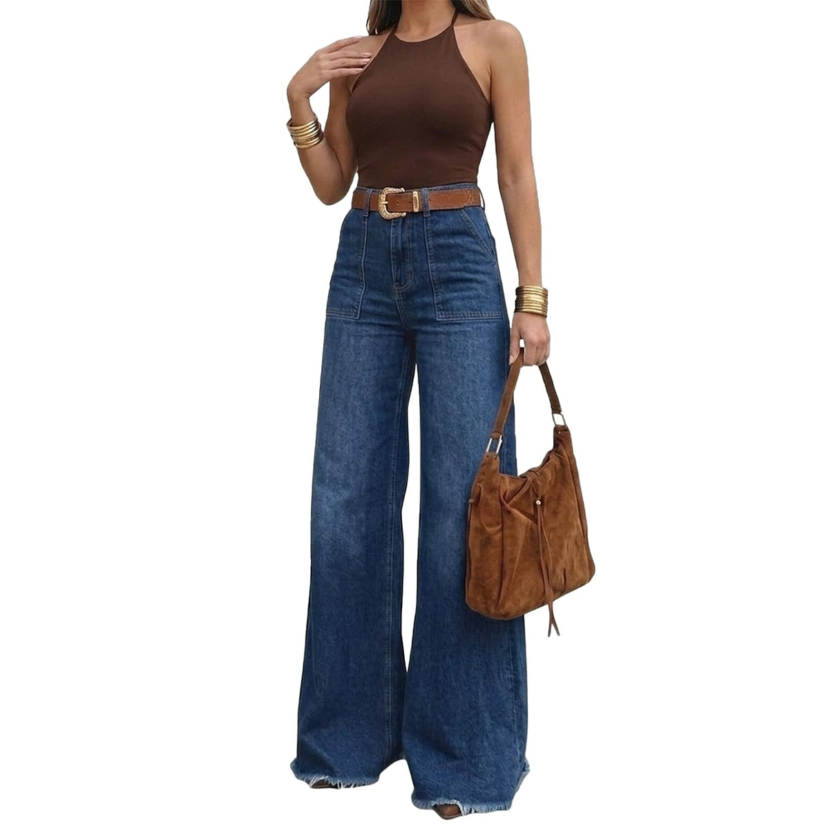 Women's 70s Retro High Waisted Long Inseam Wide Leg Jeans