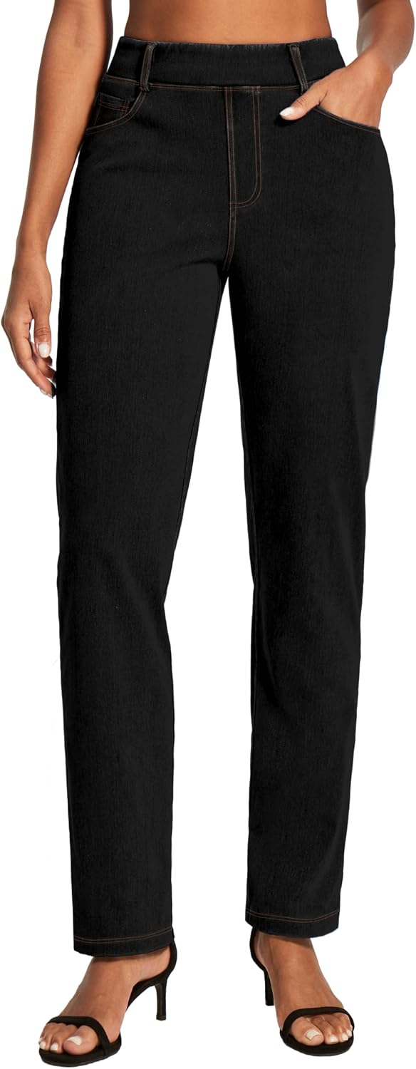 Stretchy Straight Leg Jeans for Women Pull On High Waisted Trendy Denim