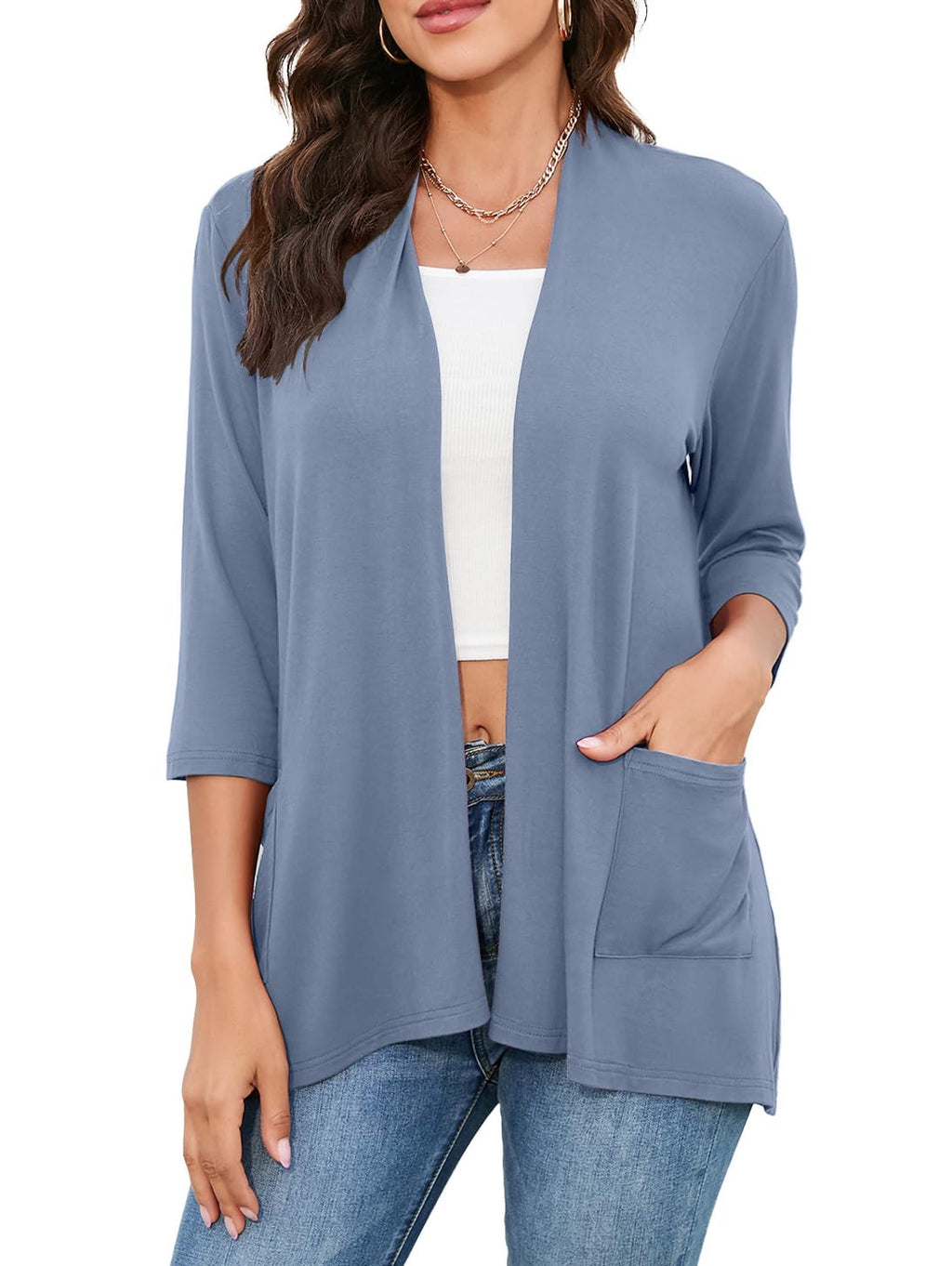 HIYIYEZI Womens Casual Lightweight Cardigans with Pockets 3/4 Sleeve Open Front Dusters