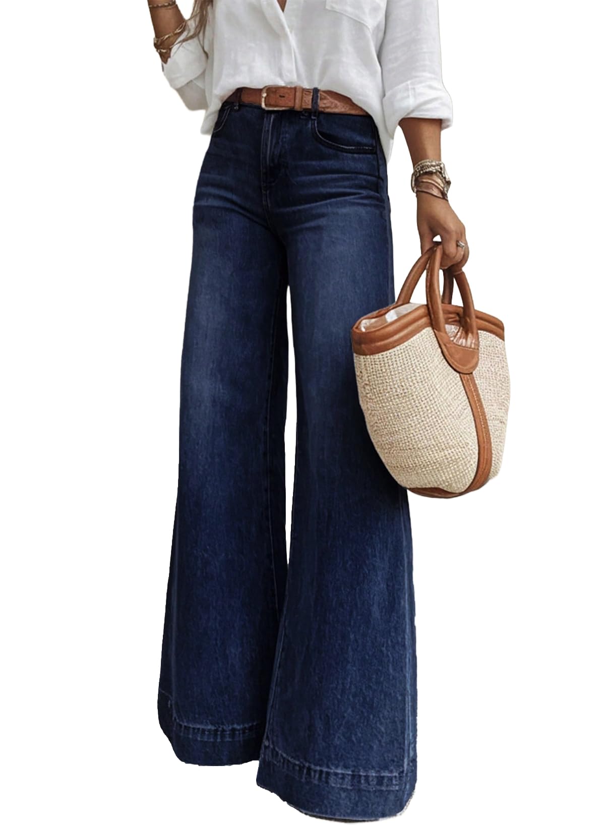 SHEWIN Flare Jeans for Women Wide Leg High Waisted Strechy Loose Casual Denim Pants with Pockets