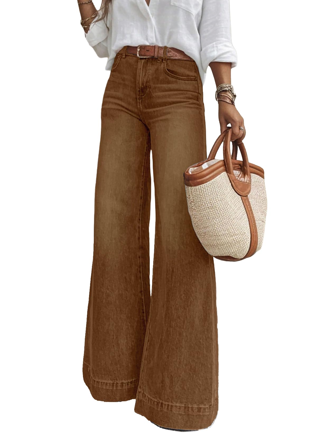 SHEWIN Flare Jeans for Women Wide Leg High Waisted Strechy Loose Casual Denim Pants with Pockets