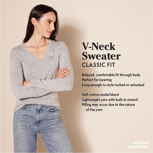 Amazon Essentials Women's Regular-Fit Lightweight Long-Sleeve V-Neck Sweater, Ribbed, Cozy Soft (Available in Plus Size)