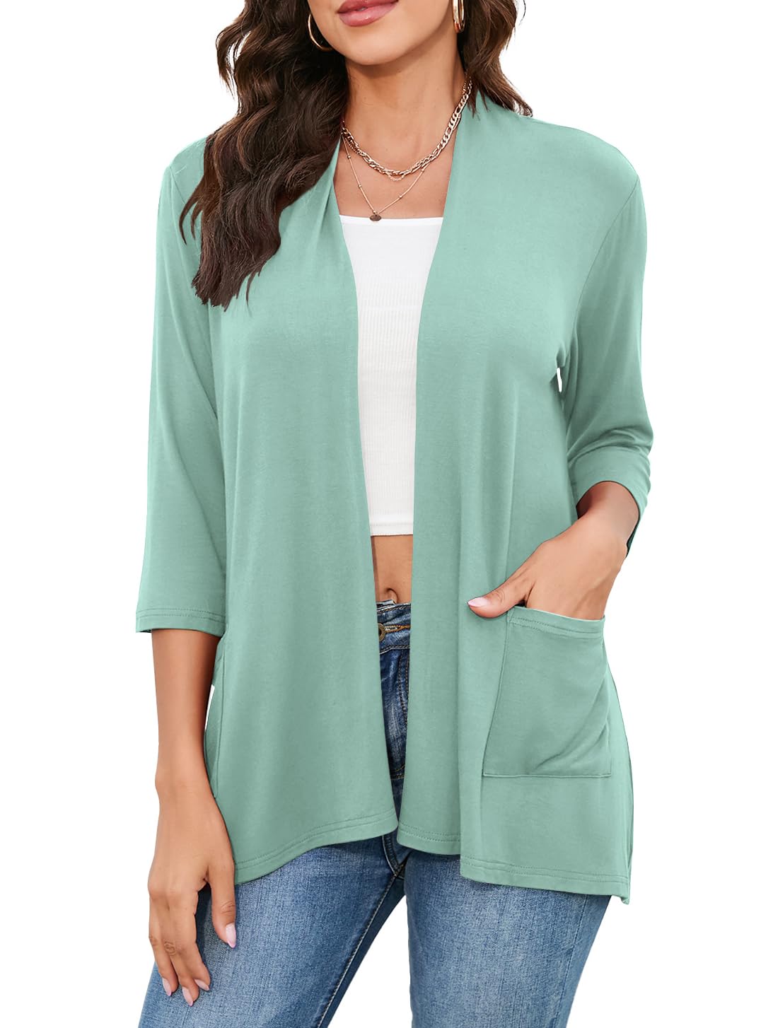 HIYIYEZI Womens Casual Lightweight Cardigans with Pockets 3/4 Sleeve Open Front Dusters