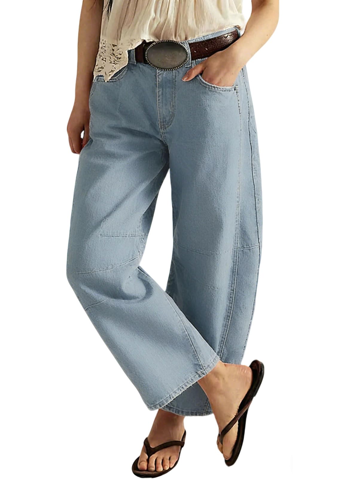 loveimgs Women Casual Wide Leg Mid Rise Jeans Baggy Barrel Jeans Denim Pull On Pants Sweatpants Y2k Boyfriend Boho Ankle Pant