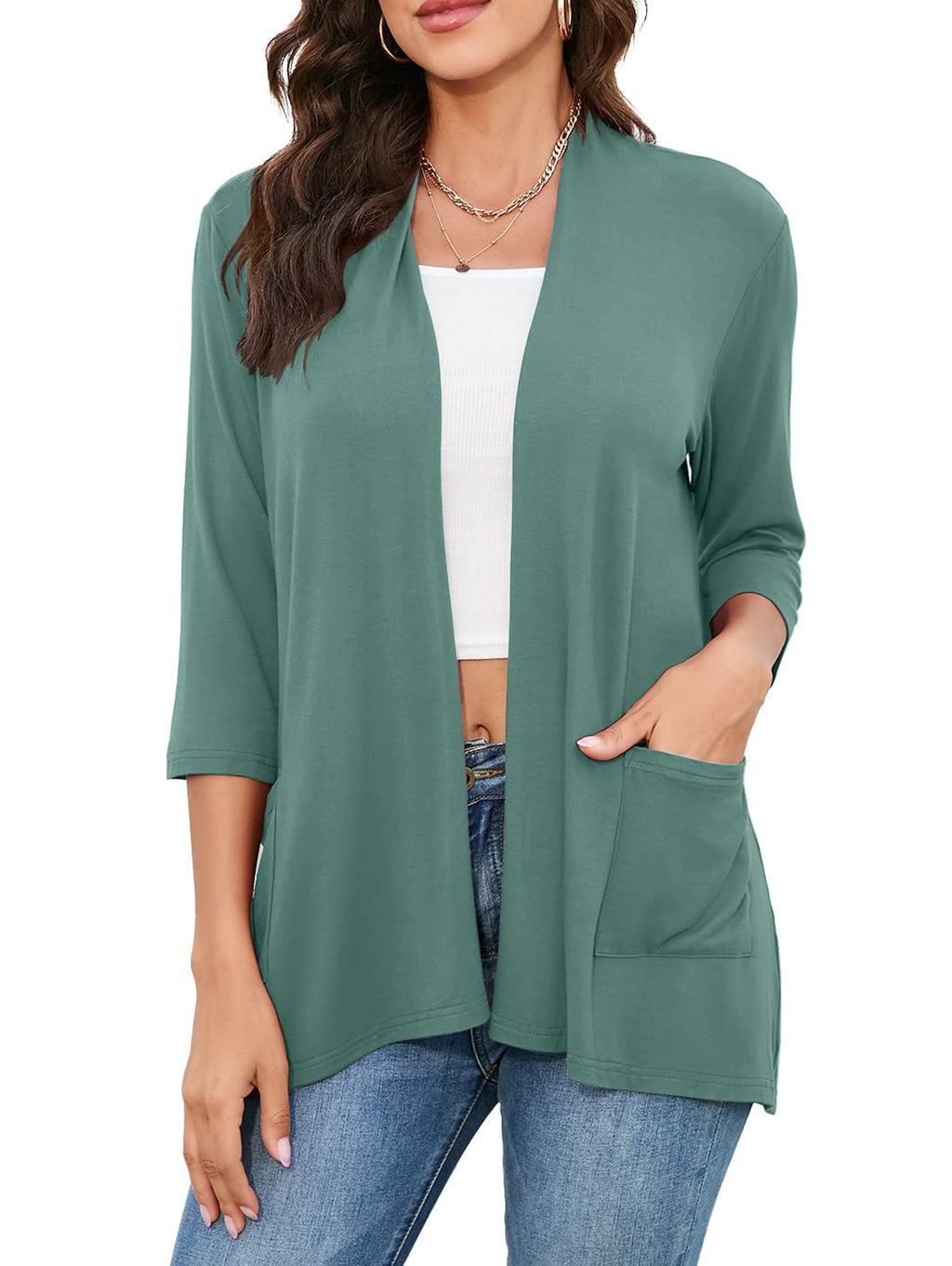 HIYIYEZI Womens Casual Lightweight Cardigans with Pockets 3/4 Sleeve Open Front Dusters