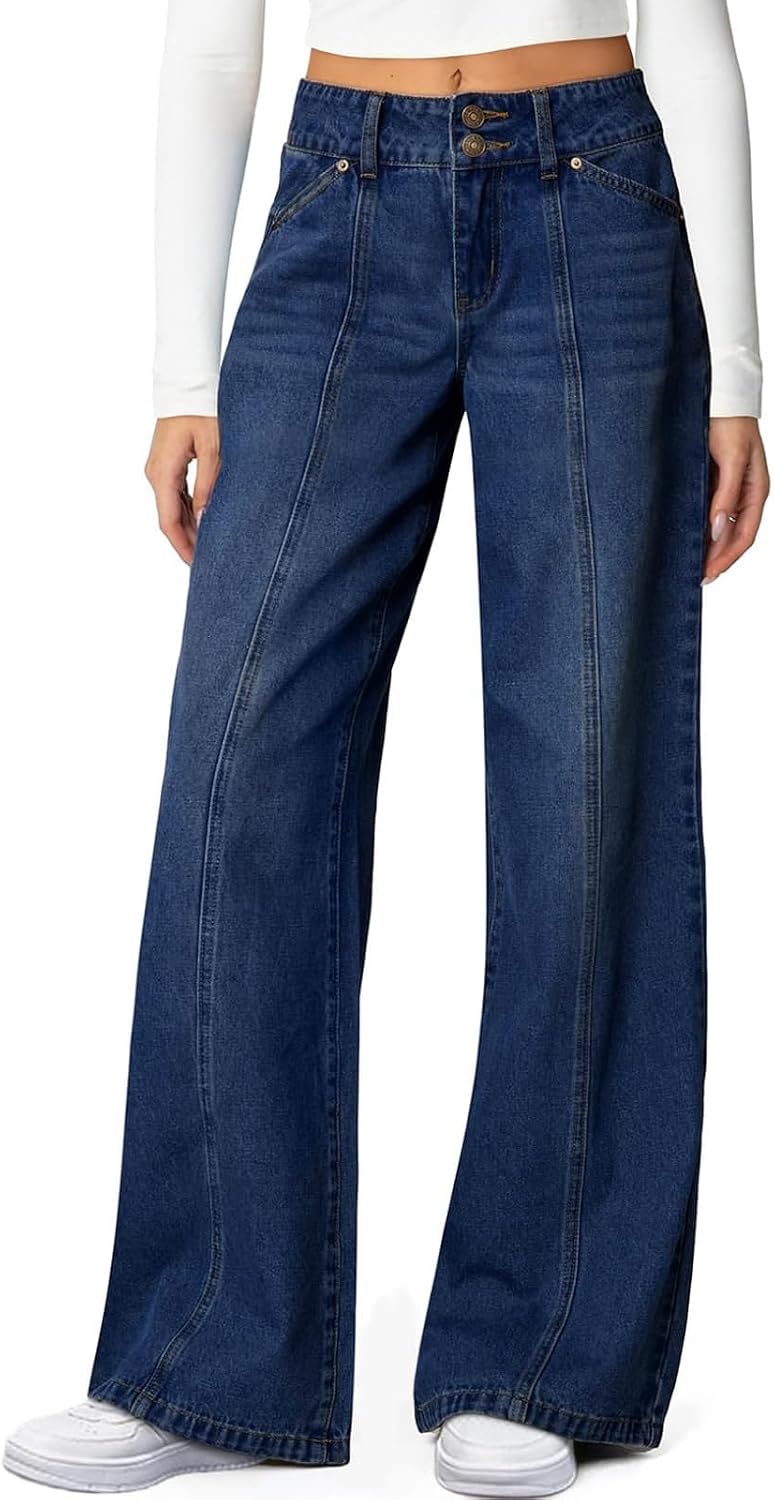Nantdog Baggy Jeans Women High Waist Baggy Wide Leg Stretchy Denim Pants
