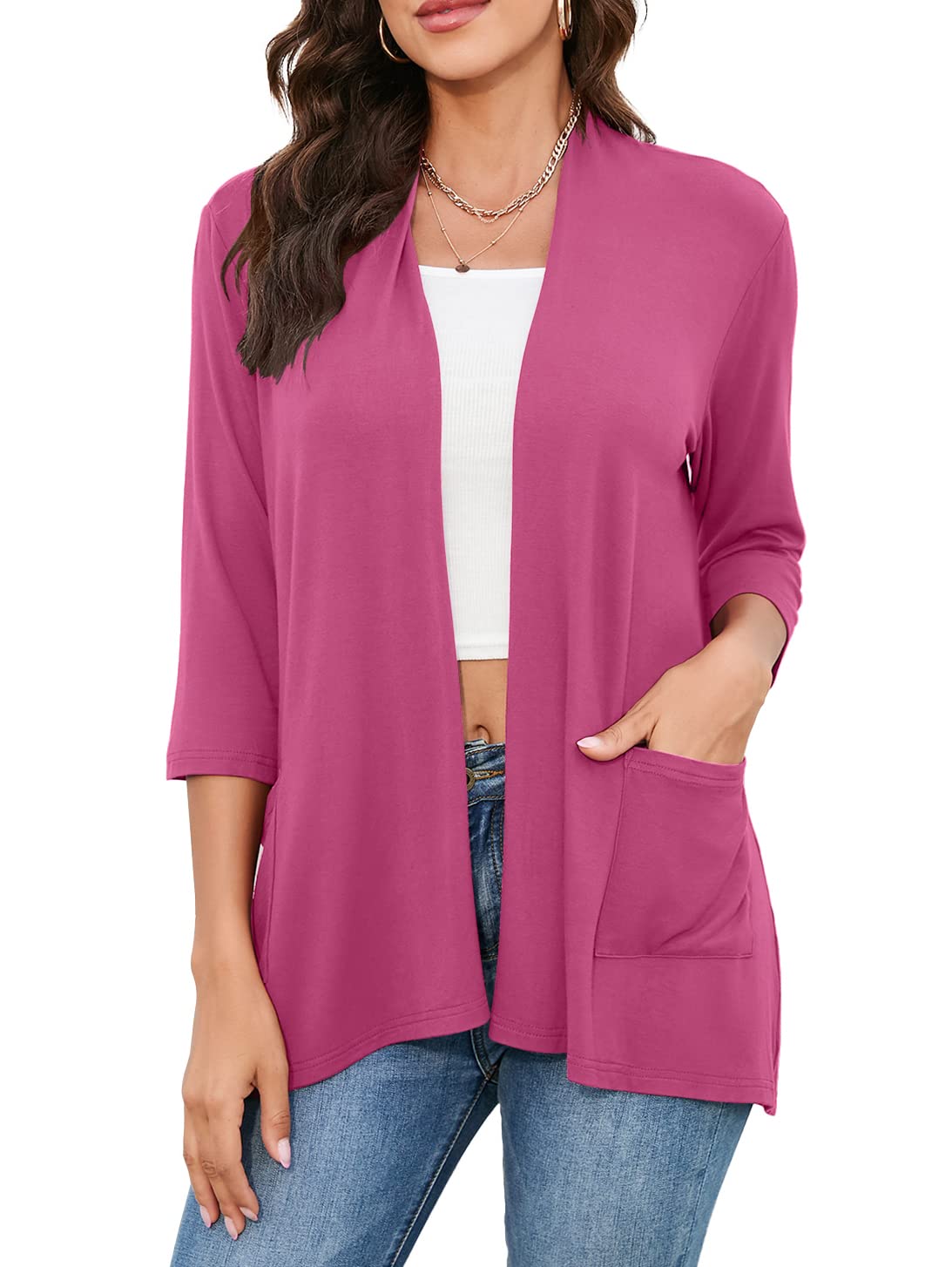 HIYIYEZI Womens Casual Lightweight Cardigans with Pockets 3/4 Sleeve Open Front Dusters