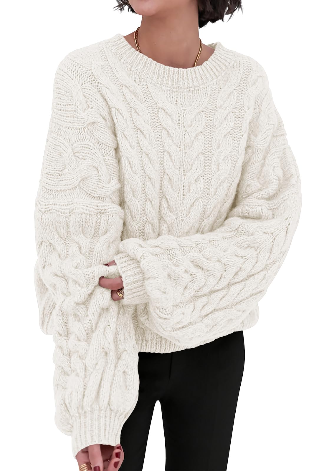 PRETTYGARDEN Womens Sweaters Fall 2026 Cable Knit Long Sleeve Crewneck Oversized Sweater Chunky Pullover Loose Outfits