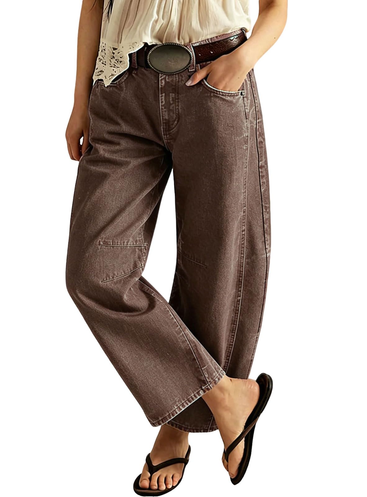 loveimgs Women Casual Wide Leg Mid Rise Jeans Baggy Barrel Jeans Denim Pull On Pants Sweatpants Y2k Boyfriend Boho Ankle Pant