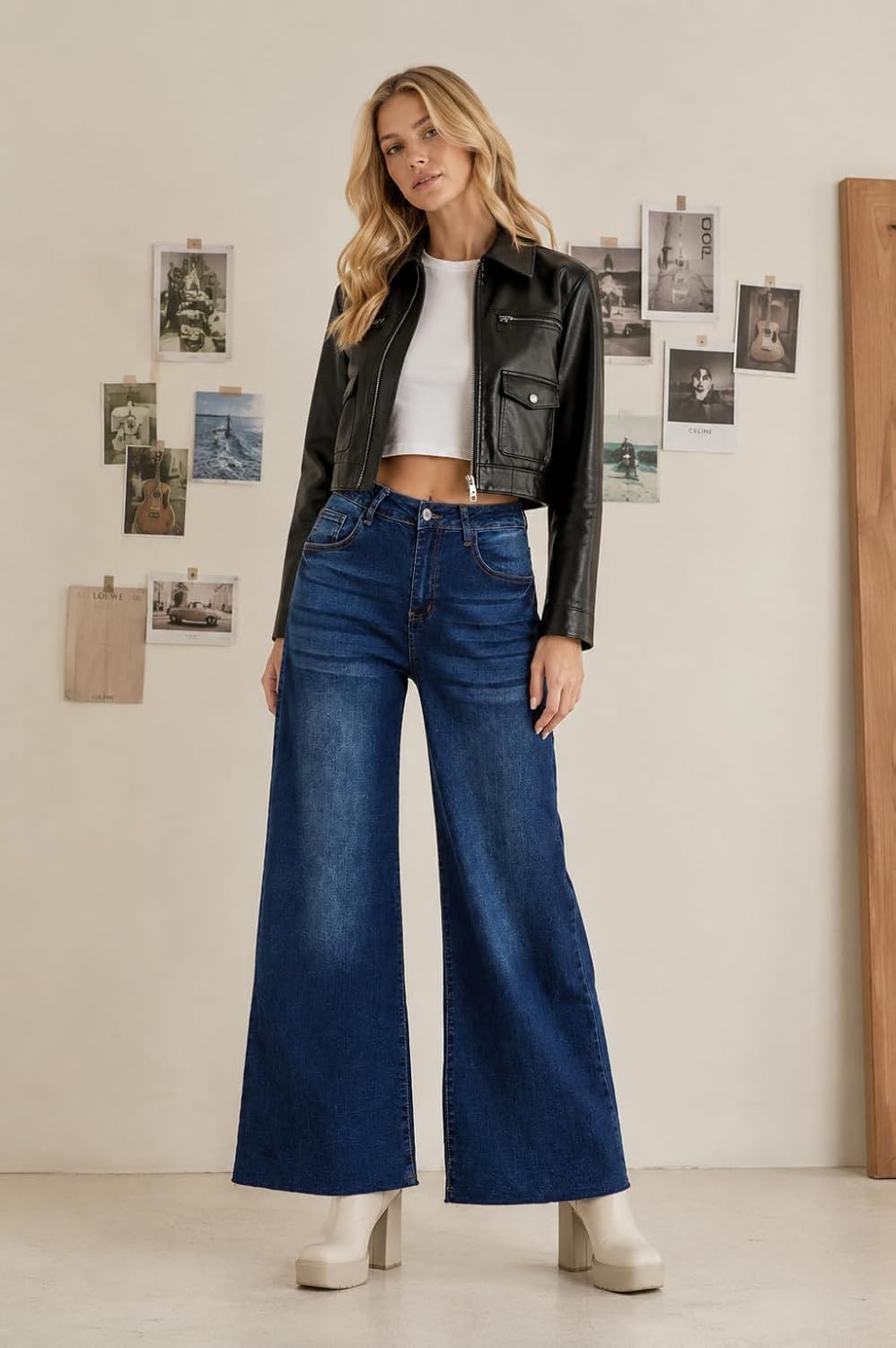 Women's Wide Leg Jeans High Waisted Stretch Loose Fit Denim Pants with Vintage Whisker Distressed Details