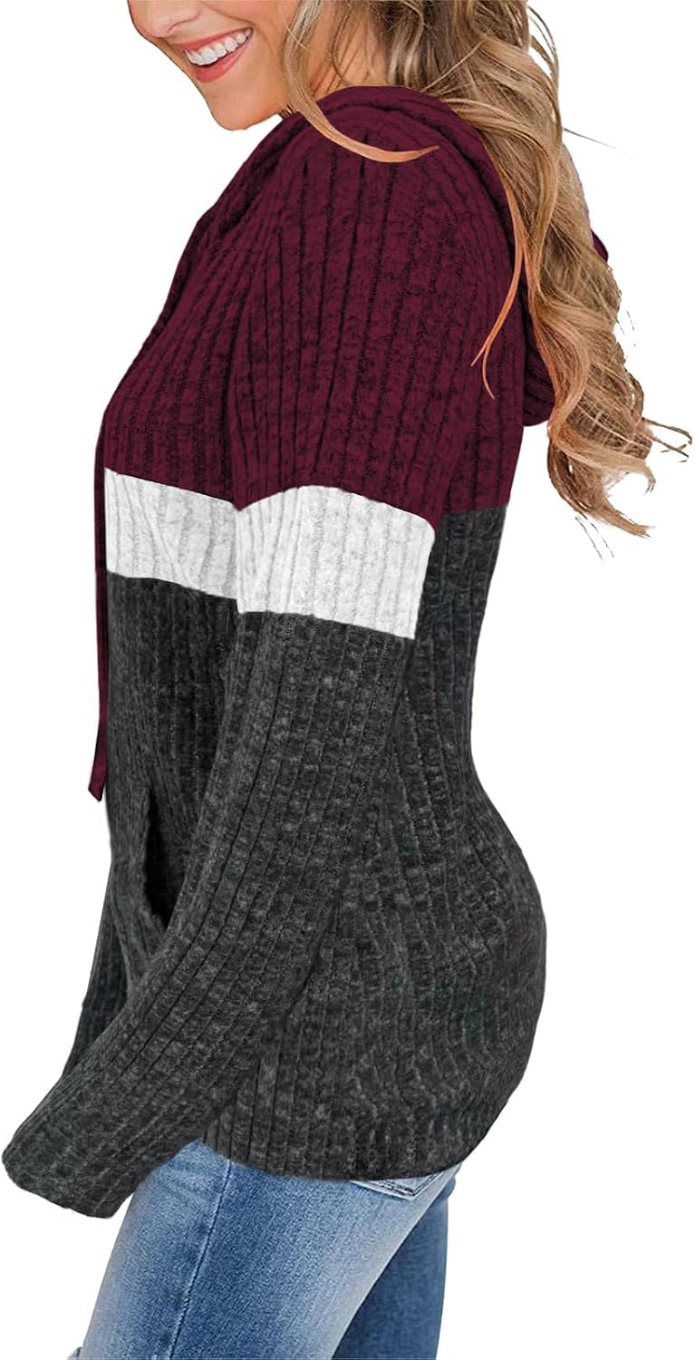 MixShe Women’s Color Block Knit Hoodie – Casual Long Sleeve Pullover Sweater Tops with Pocket