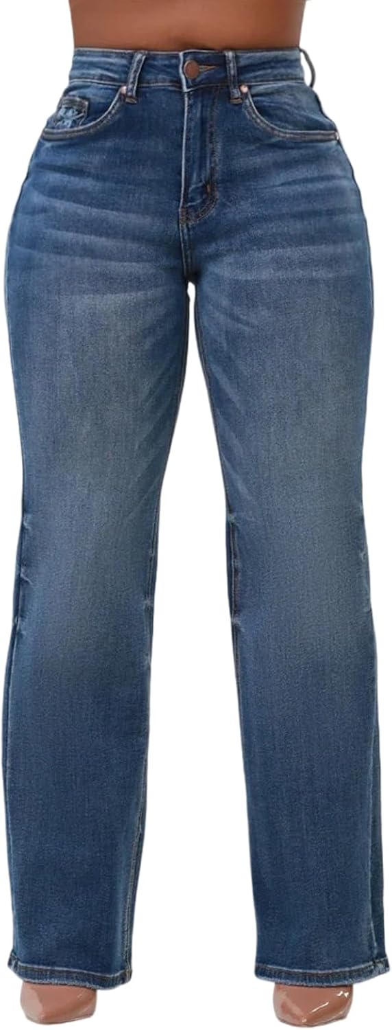 KnoInt Women's Wide Leg Straight Jeans High Waisted Baggy Stretch Loose Denim Pants