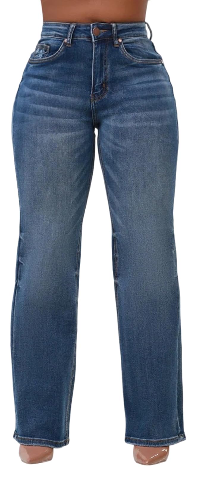 KnoInt Women's Wide Leg Straight Jeans High Waisted Baggy Stretch Loose Denim Pants