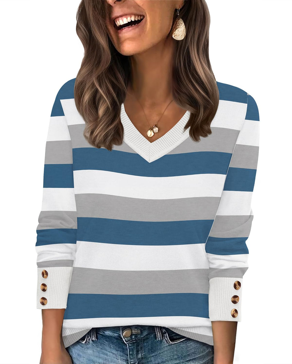 WIHOLL Lightweight Sweaters for Women Long Sleeve V Neck Knit Outfits with Decorative Buttons