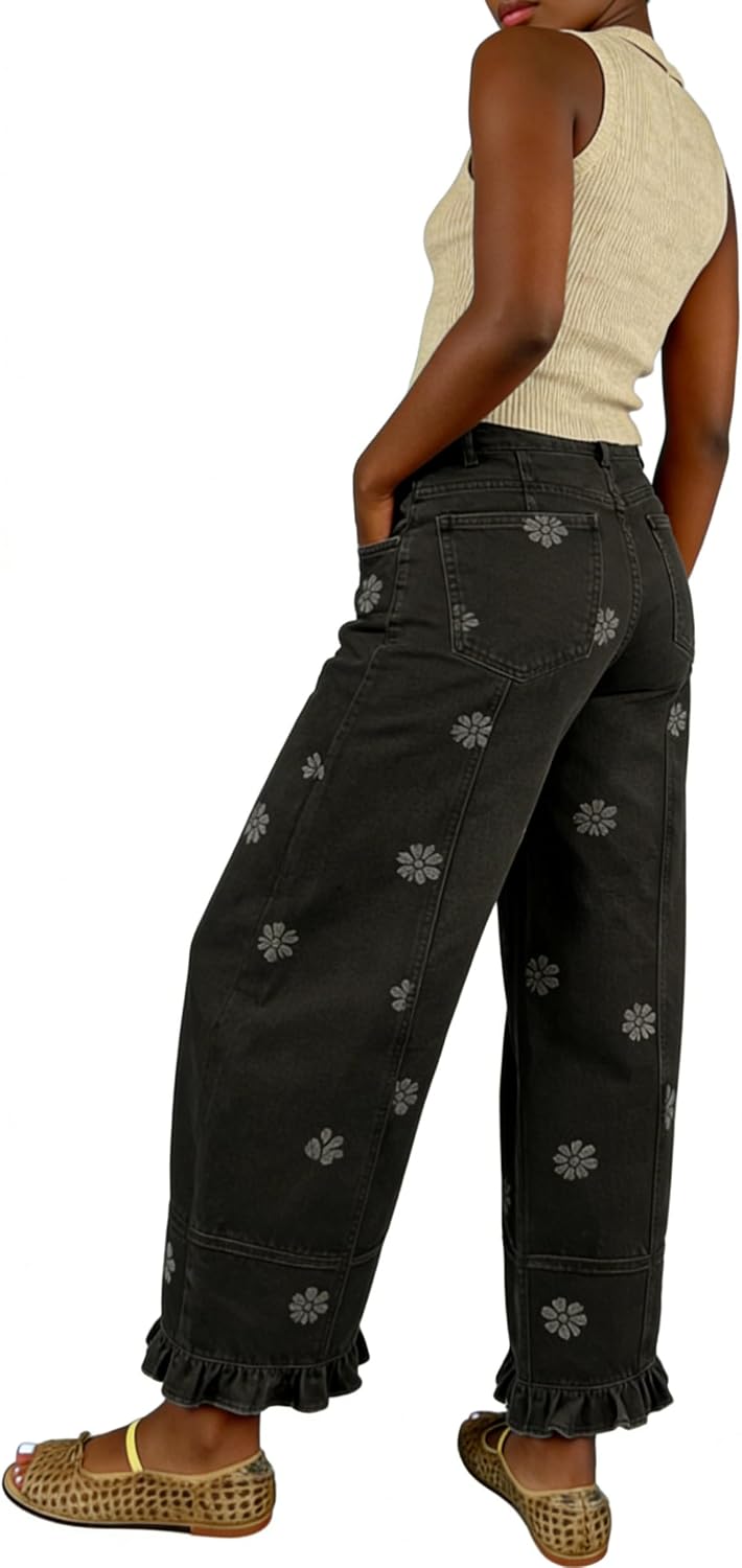 utcoco Barrel Jeans Women 2026 Floral Print Wide Leg Jeans Y2k Patchwork Baggy Boyfriend Denim Pants
