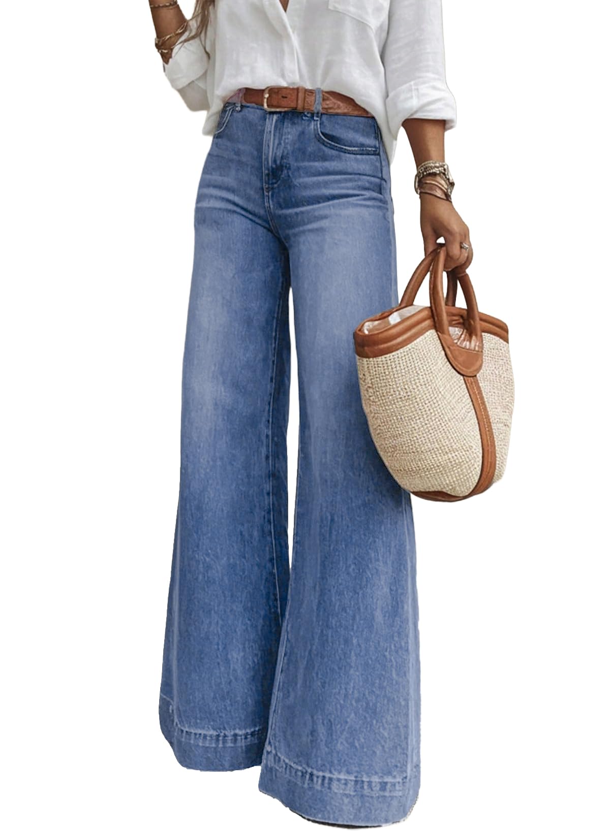 SHEWIN Flare Jeans for Women Wide Leg High Waisted Strechy Loose Casual Denim Pants with Pockets