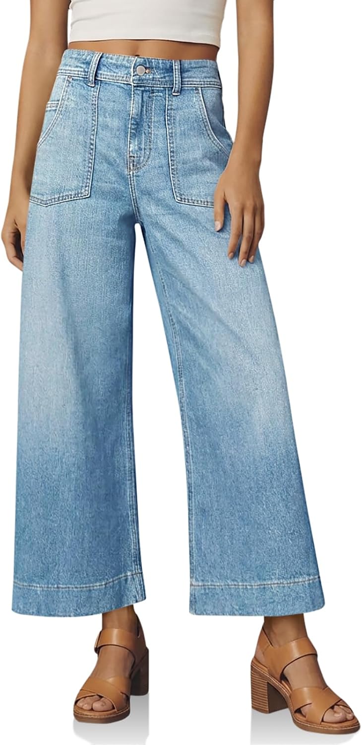 Cicy Bell Womens Cropped Wide Leg Jeans High Waisted Stretchy Denim Pants