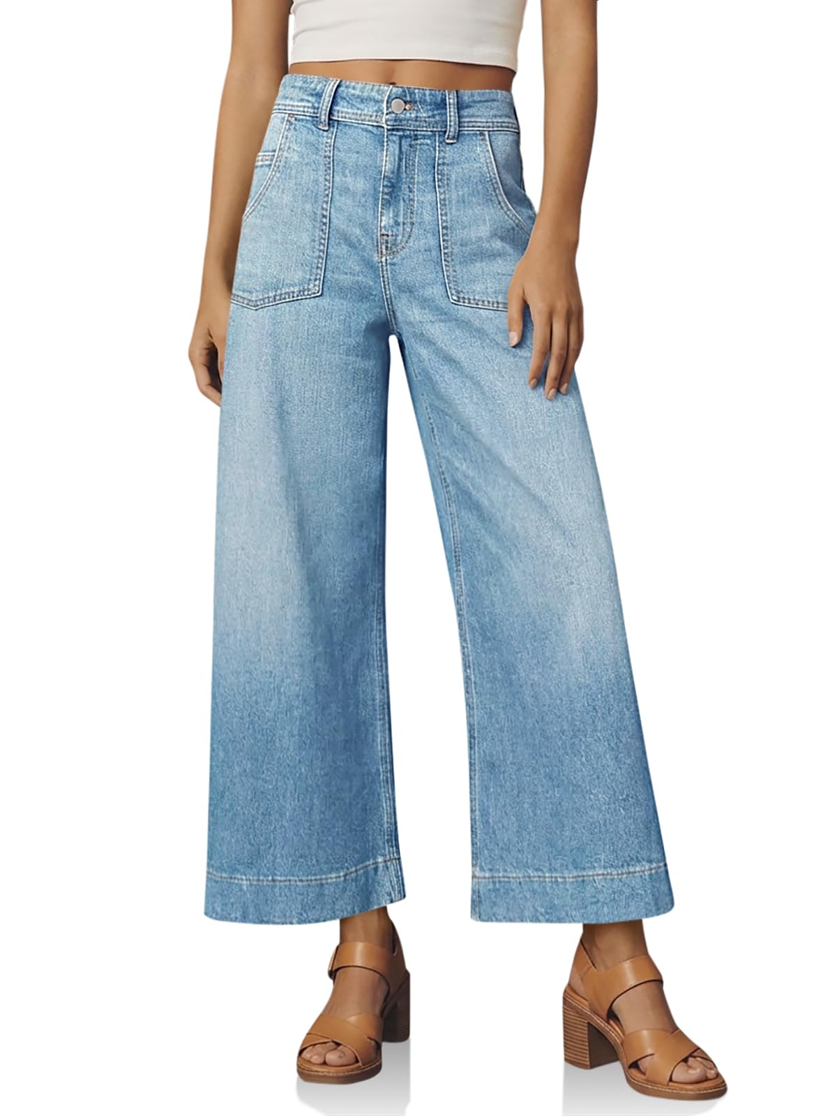 Cicy Bell Womens Cropped Wide Leg Jeans High Waisted Stretchy Denim Pants