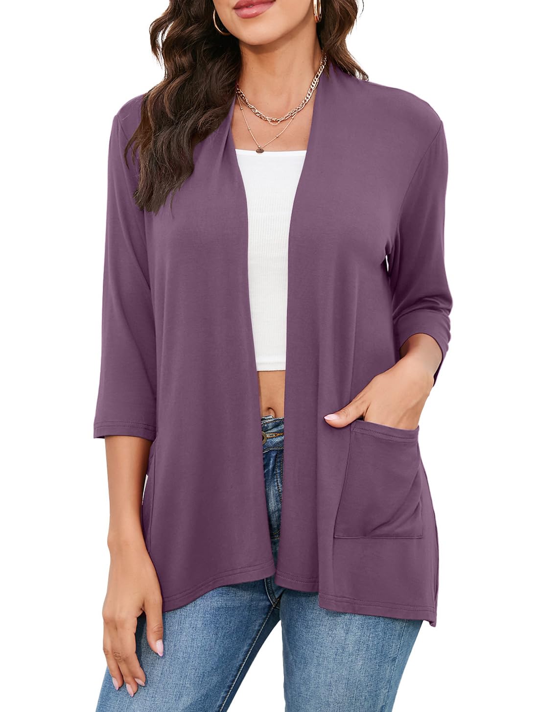HIYIYEZI Womens Casual Lightweight Cardigans with Pockets 3/4 Sleeve Open Front Dusters