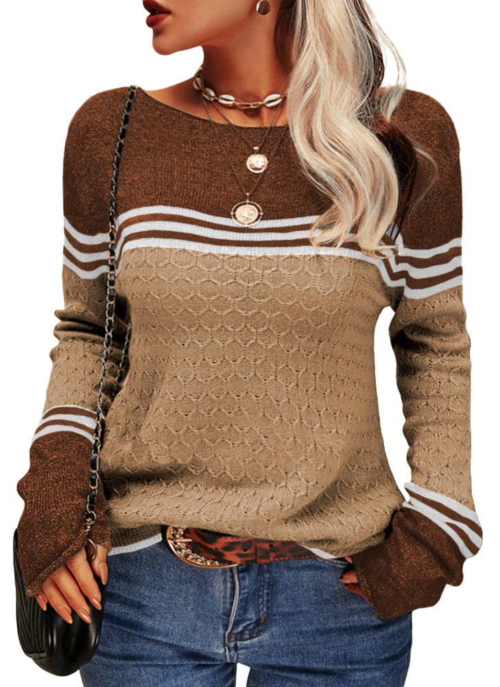 Danedvi Womens Fall Fashion 2026 Sweaters Colorblock Lightweight Striped Crewneck Winter Trendy Pullover Tops