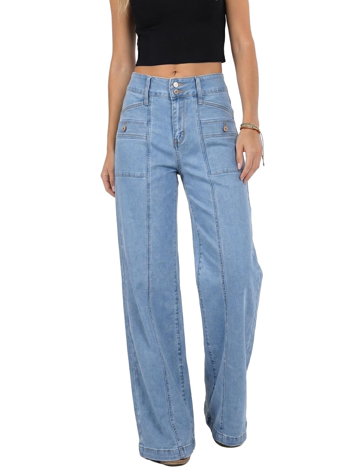 Astylish Women's Wide Leg Jeans High Waisted Double Buttons Stretchy Straight Leg Jean Trendy Denim Pants Big Pockets