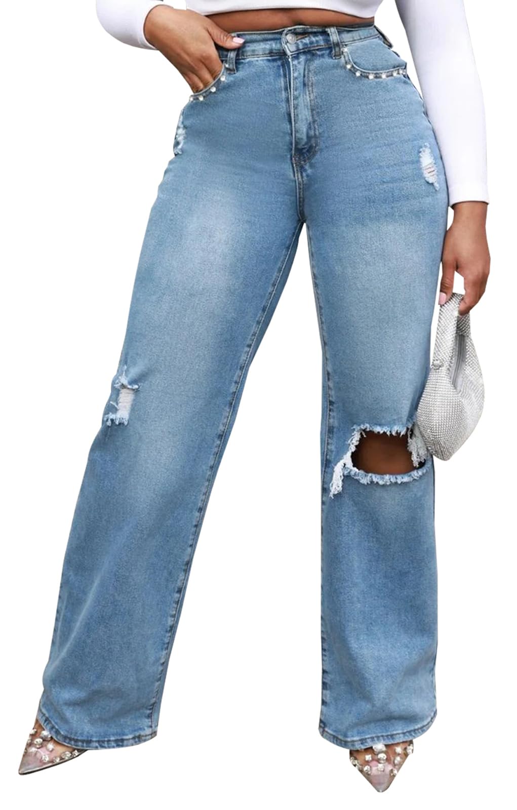 KnoInt Women's Wide Leg Straight Jeans High Waisted Baggy Stretch Loose Denim Pants