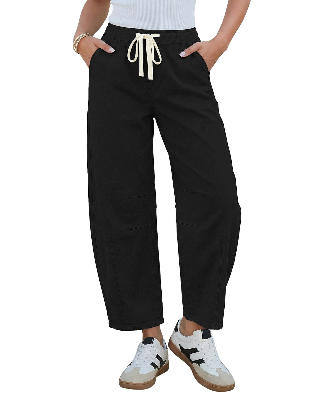 GRAPENT Barrel Jeans Women High Rise Pull On Elastic Waist Crop Denim Pants