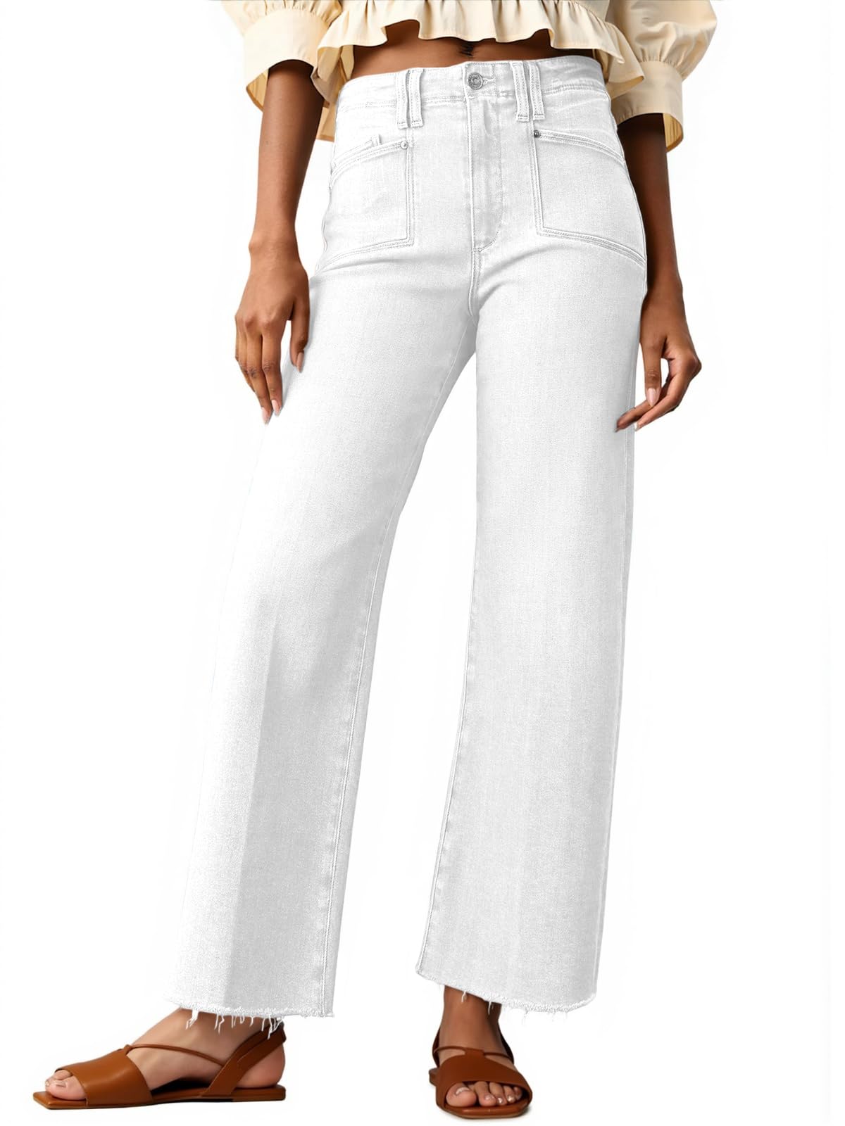 Cicy Bell Womens High Waisted Cropped Jeans Straight Leg Raw Hem Denim Pant