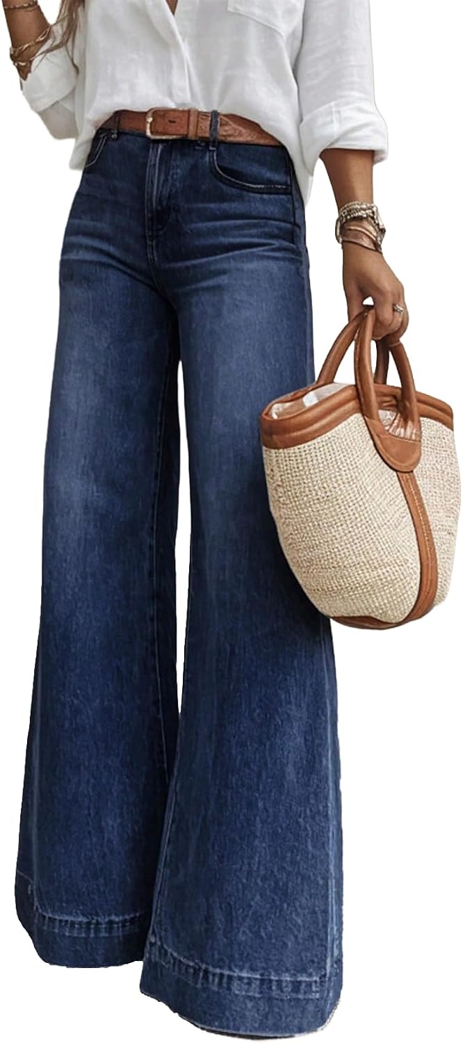 SHEWIN Flare Jeans for Women Wide Leg High Waisted Strechy Loose Casual Denim Pants with Pockets