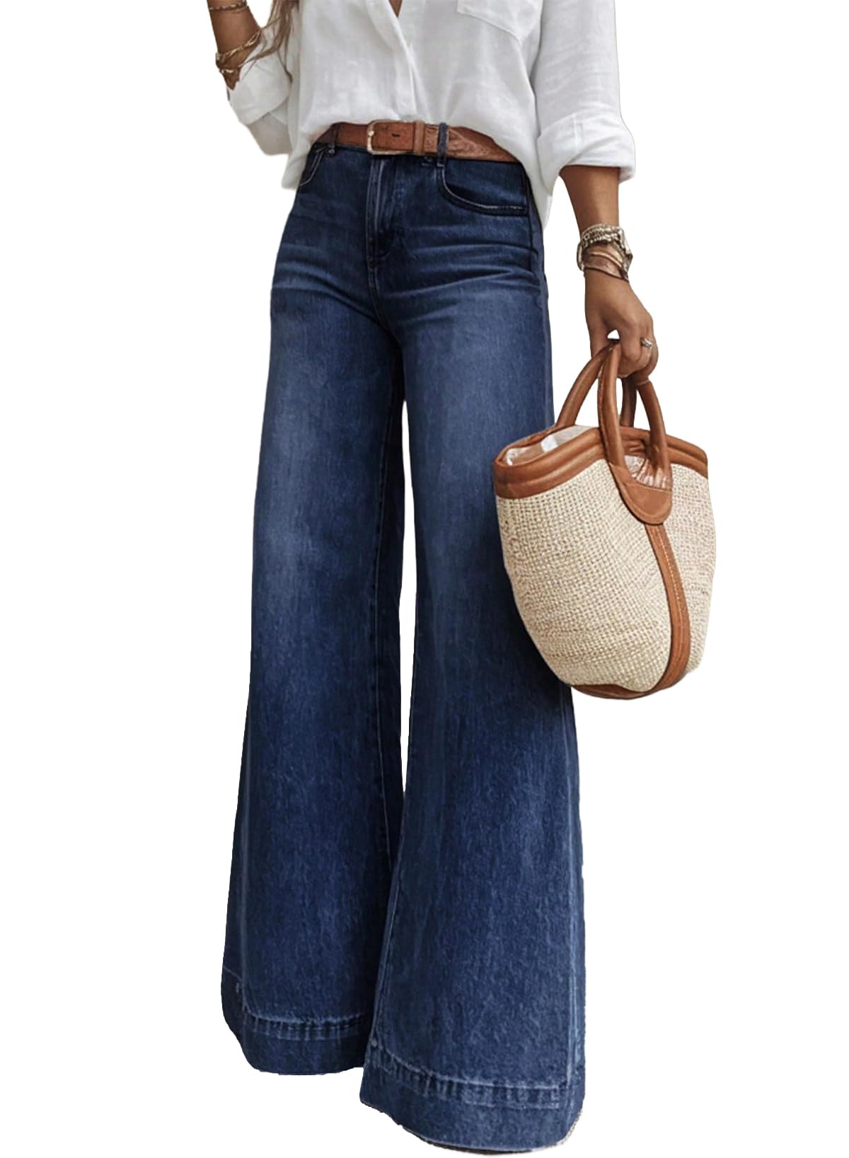 SHEWIN Flare Jeans for Women Wide Leg High Waisted Strechy Loose Casual Denim Pants with Pockets