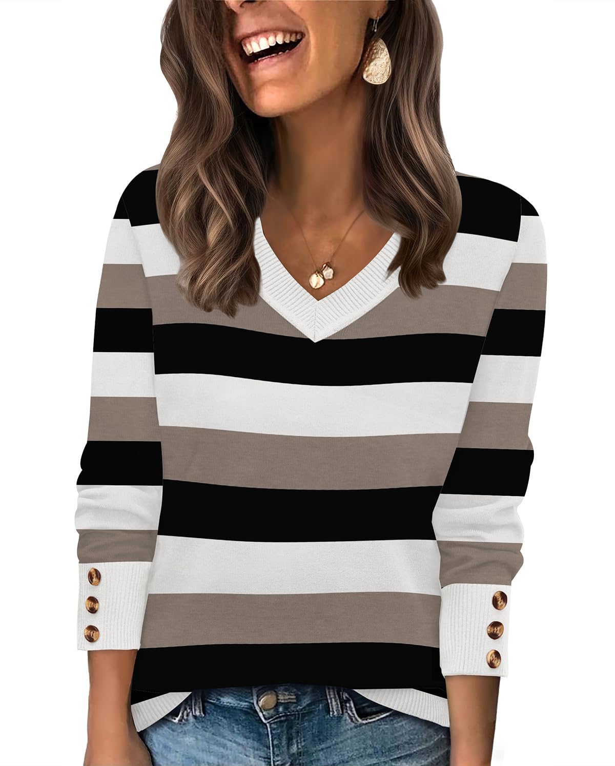 WIHOLL Lightweight Sweaters for Women Long Sleeve V Neck Knit Outfits with Decorative Buttons