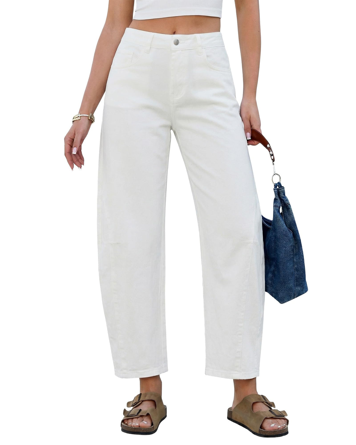GRAPENT Barrel Jeans for Women Cropped Trendy High Waisted Baggy Side Seamed Casual Stretchy Denim Pants Wide Leg Jeans