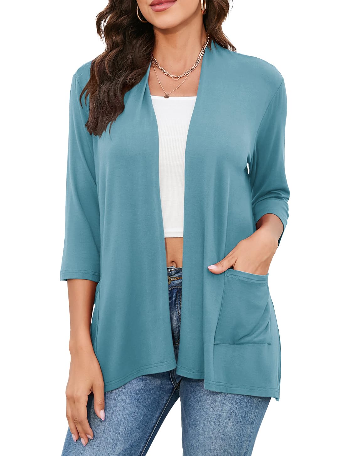 HIYIYEZI Womens Casual Lightweight Cardigans with Pockets 3/4 Sleeve Open Front Dusters