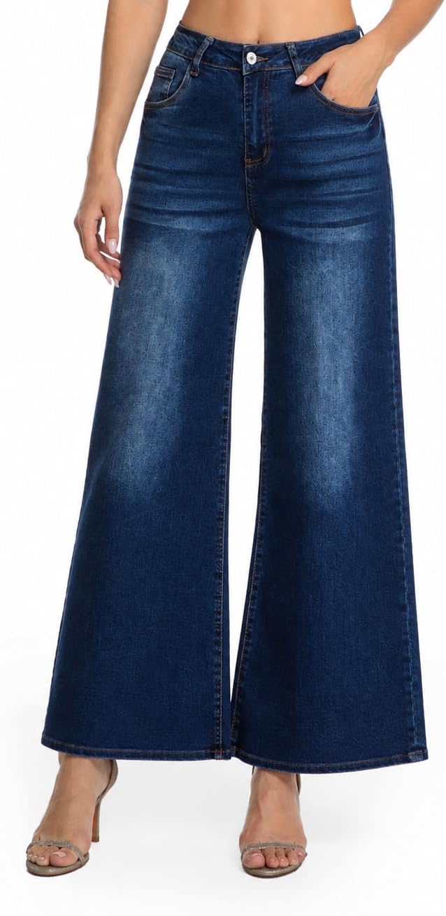 Women's Wide Leg Jeans High Waisted Stretch Loose Fit Denim Pants with Vintage Whisker Distressed Details