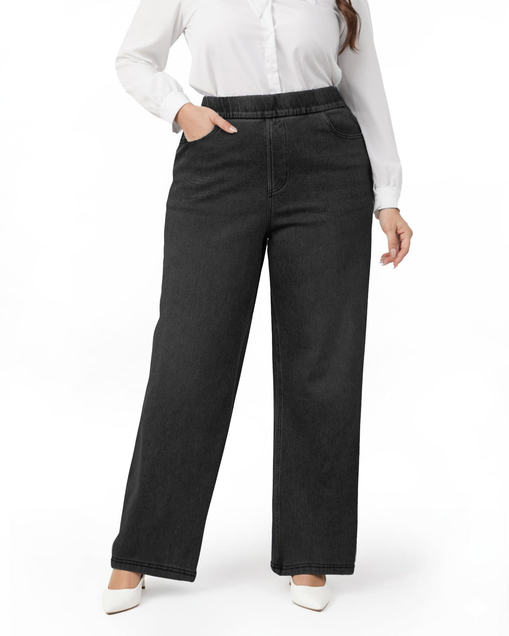 Wide Leg Pull On Jeans Womens High Rise Stretchy Jeans Denim Pants with Elastic Waist Tummy Control