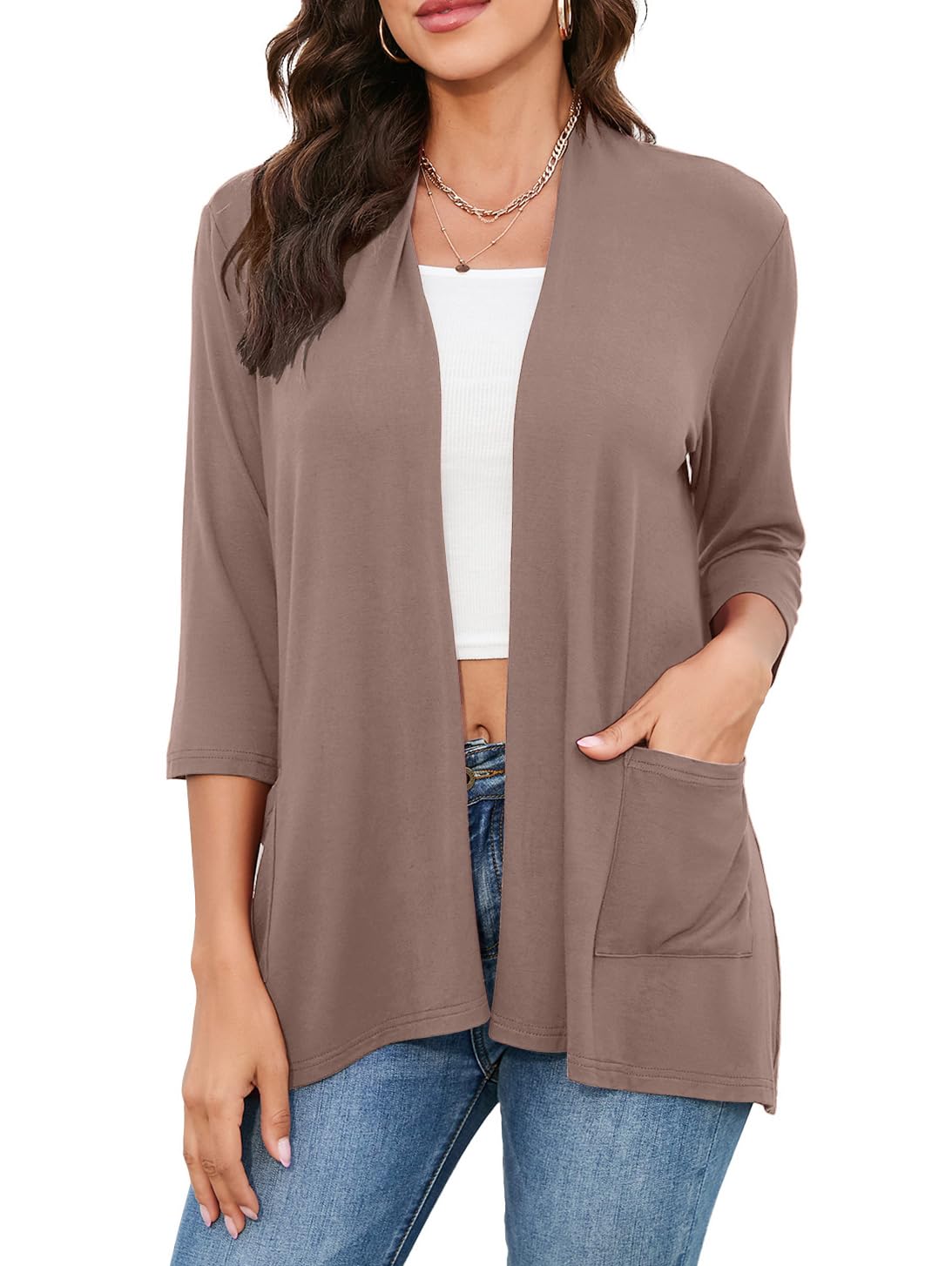 HIYIYEZI Womens Casual Lightweight Cardigans with Pockets 3/4 Sleeve Open Front Dusters