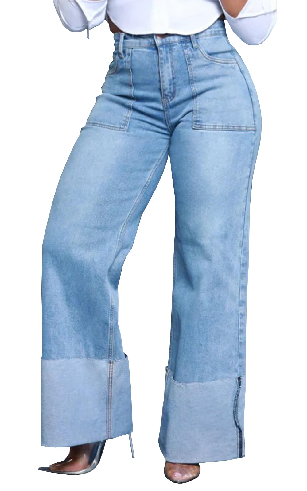 KnoInt Women's Wide Leg Straight Jeans High Waisted Baggy Stretch Loose Denim Pants
