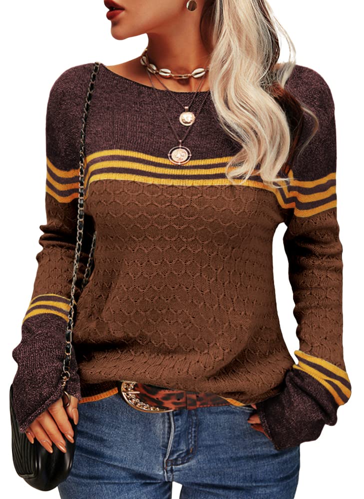 Danedvi Womens Fall Fashion 2026 Sweaters Colorblock Lightweight Striped Crewneck Winter Trendy Pullover Tops
