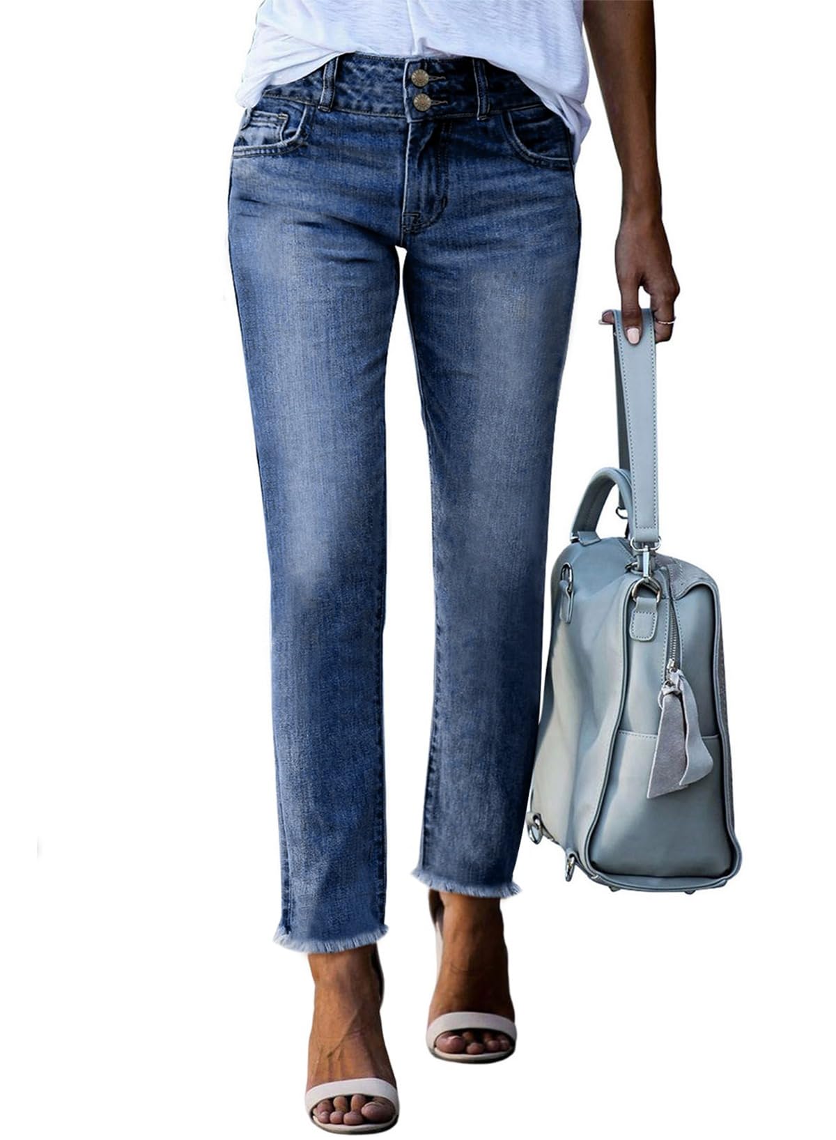 Sidefeel Women's High Waisted Raw Hem Straight Leg Jeans